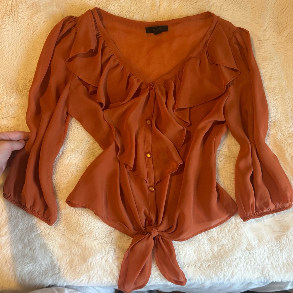 Burnt Orange Sheer Ruffle Tie Front Blouse size Small